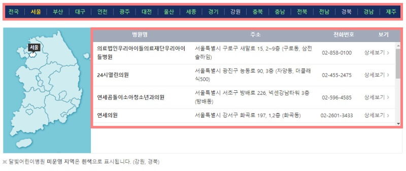 달빛어린이병원-홈페이지-지역별-병원-조회